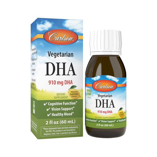 Carlson Vegetarian DHA bottle being poured for easy daily omega-3 intake.