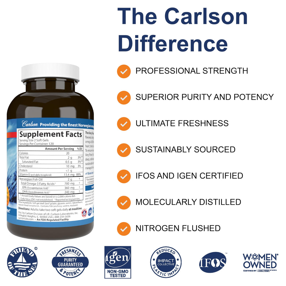 Carlson Very Finest Fish Oil bottle with orange softgels for convenient daily omega-3 intake.