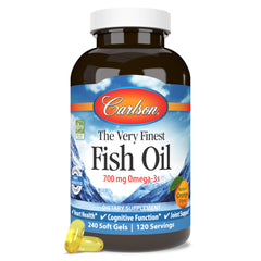 Carlson Very Finest Fish Oil orange softgels offering high omega-3 content for heart and brain support.