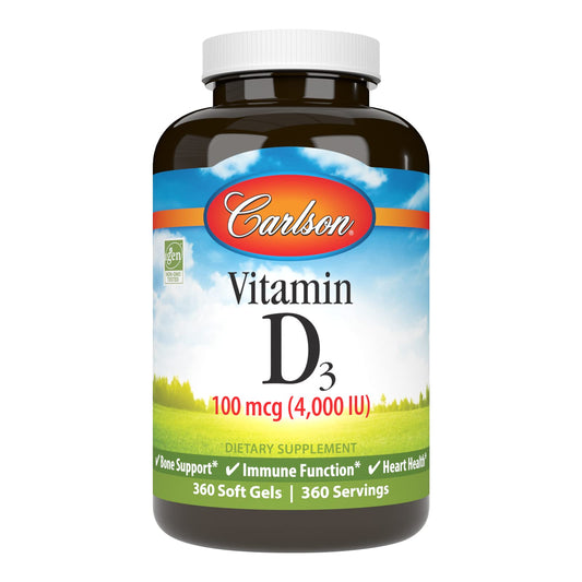 Carlson Vitamin D3 4000 IU softgels bottle front supports bone health.