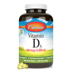 Carlson Vitamin D3 4000 IU softgels on shelf signals easy daily supplementation.