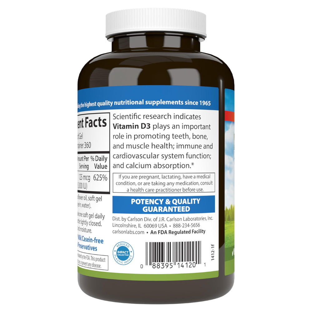 Carlson Vitamin D3 5000 IU bottle on shelf for everyday accessibility