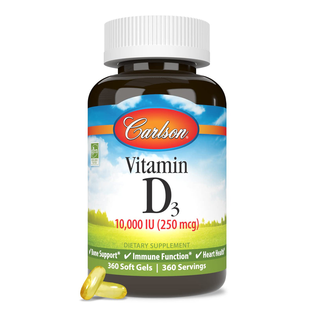 Carlson Vitamin D3 bottle on kitchen counter suggesting everyday intake.