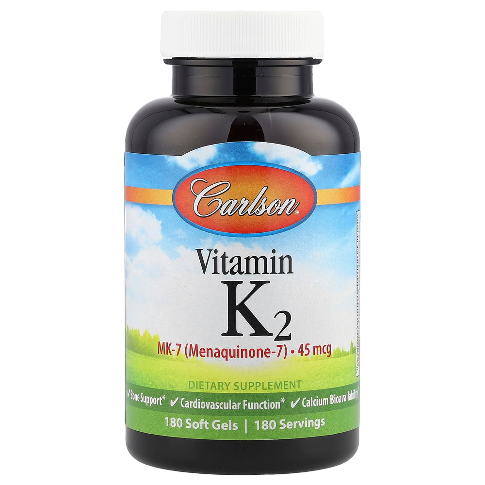 Carlson Vitamin K2-7 180-count bottle front for daily bone and heart health support.