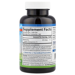Carlson Vitamin K2-7 capsules closeup highlighting softgel form for daily use.