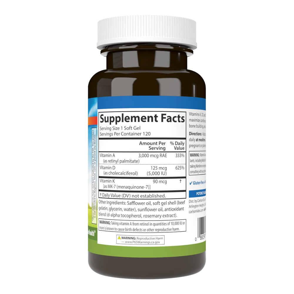 Carlson A D3 K2 bottle back shows potency details for bone health and calcium use