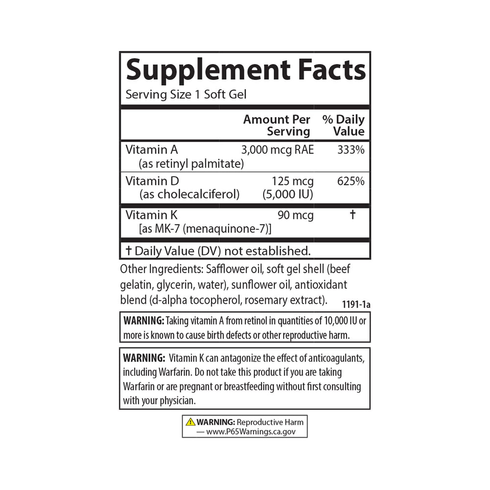 Carlson A D3 K2 bottle pour showing easy daily dosage for bone-supportive vitamins