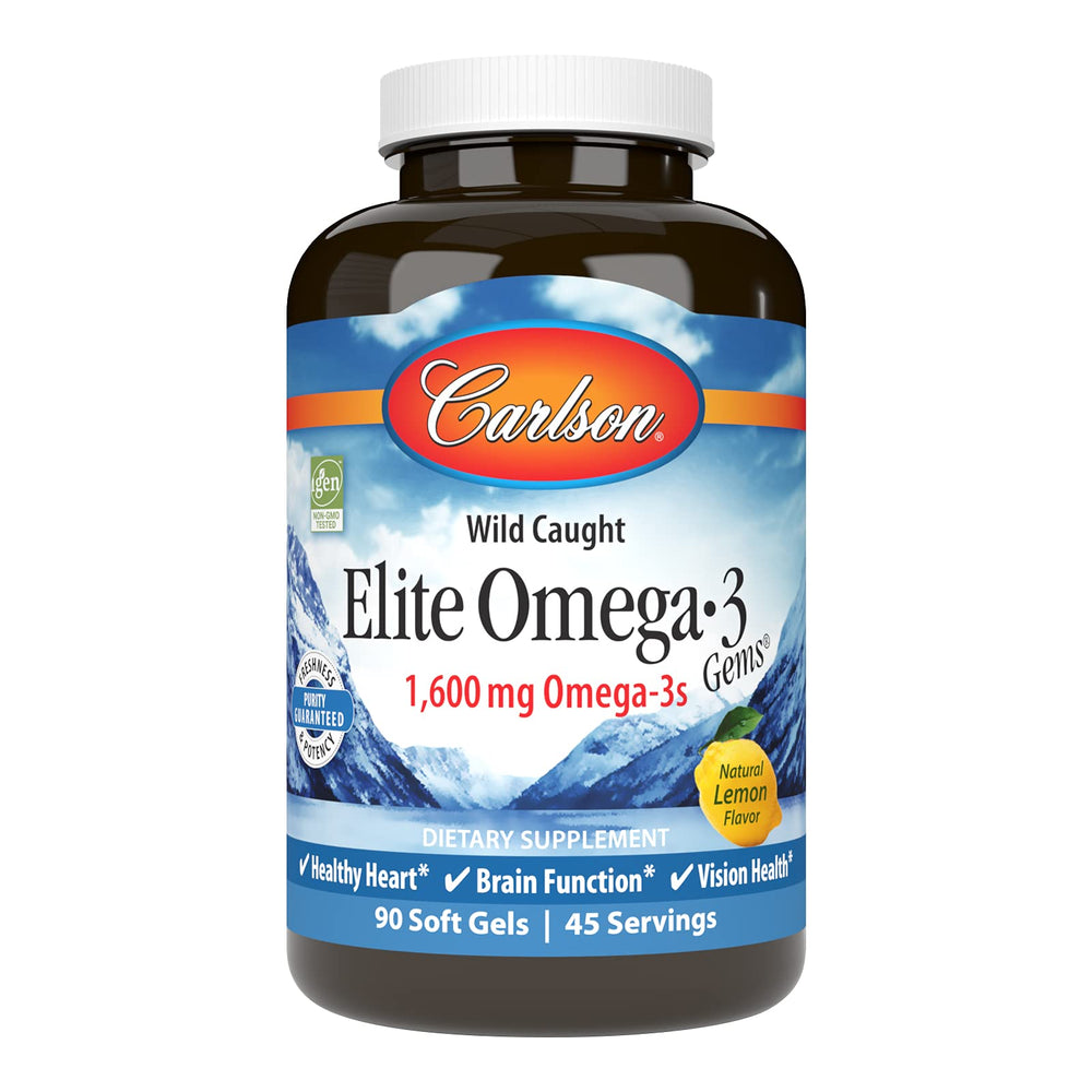 Carlson Wild Caught Elite Omega-3 bottle on shelf highlighting daily omega-3 use