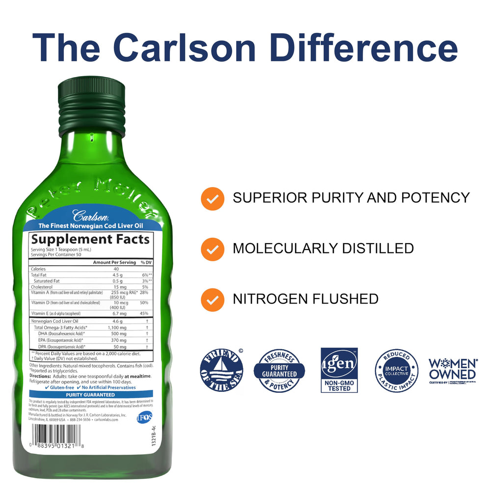 Carlson wild-caught EPA DHA liquid pour highlights Nordic origin