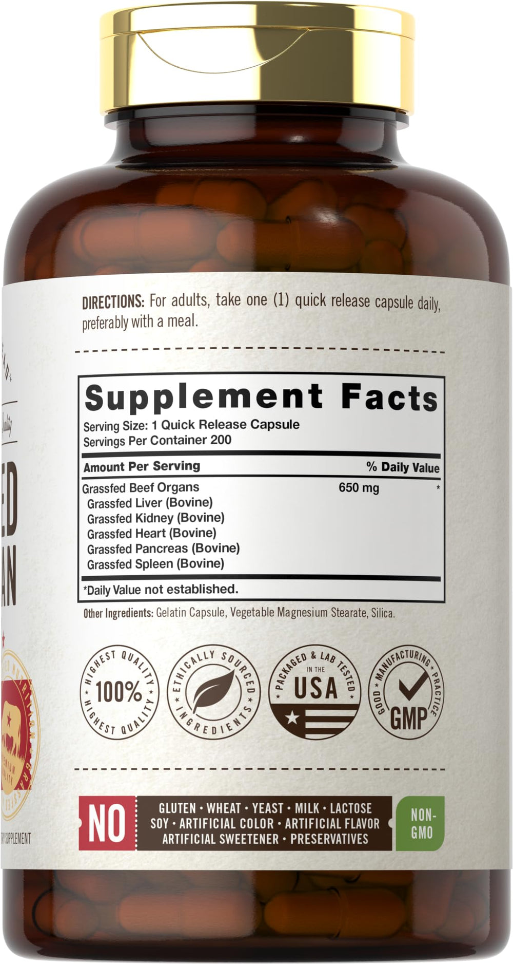 Carlyle Grass-Fed Beef Organ Complex capsules close-up for easy daily supplementation.