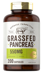 Carlyle Grass Fed Beef Pancreas 550mg bottle front shows dosage for daily supplement use