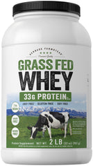 Carlyle grass-fed whey protein powder jar showing 33g protein per serving.