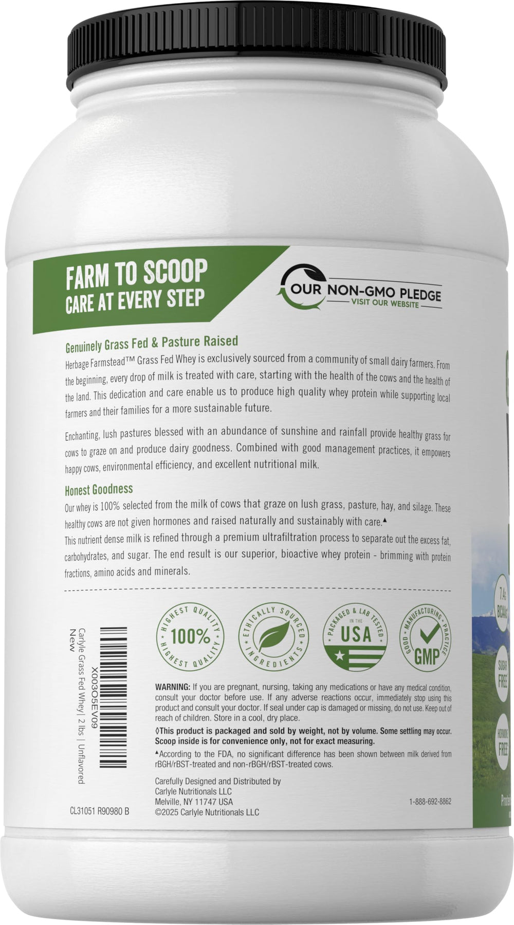 Carlyle grass-fed whey protein scoop ready for shakes.