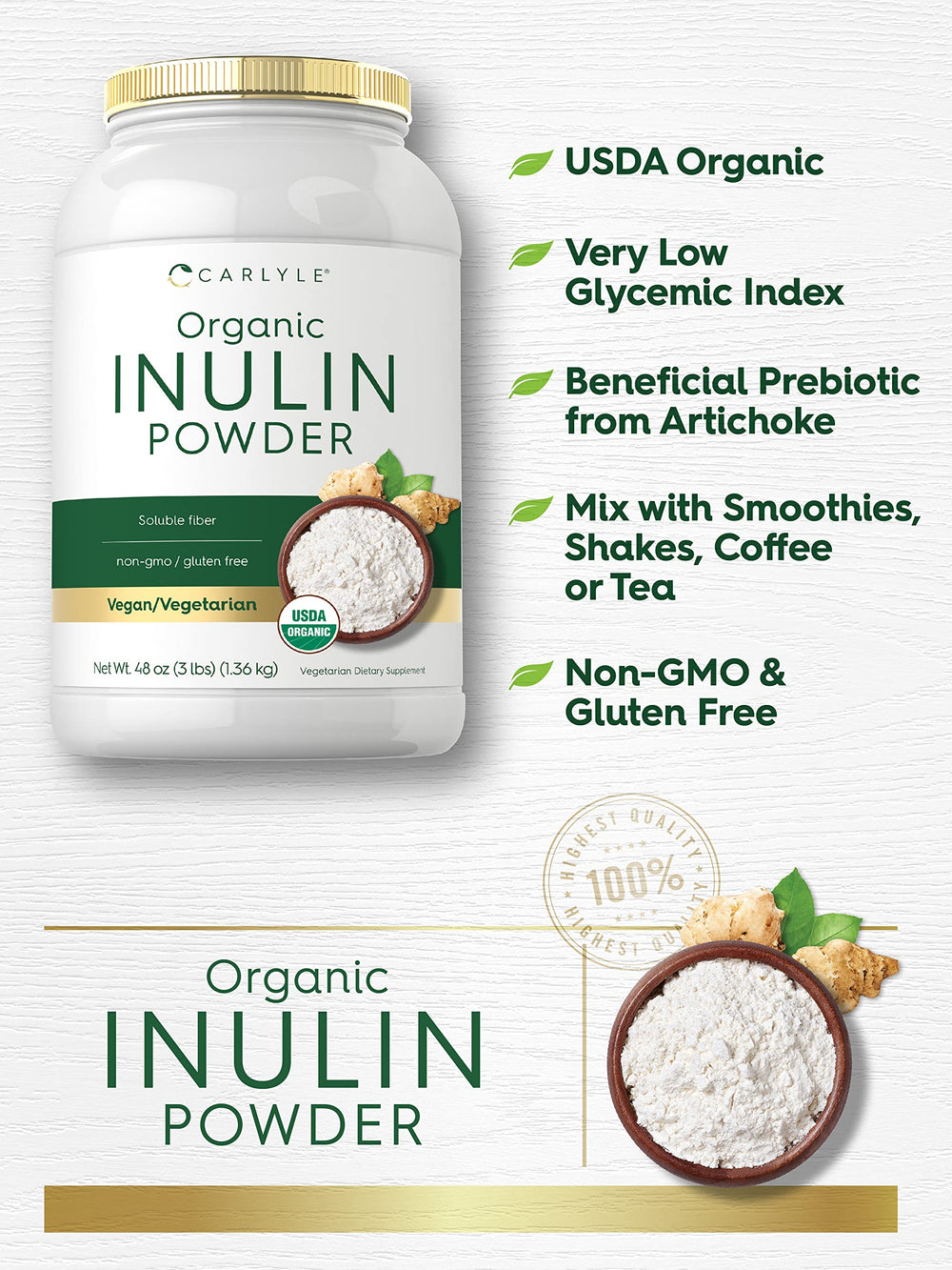 Carlyle Organic Inulin Powder jar; organic source with 3 g soluble fiber per serving.