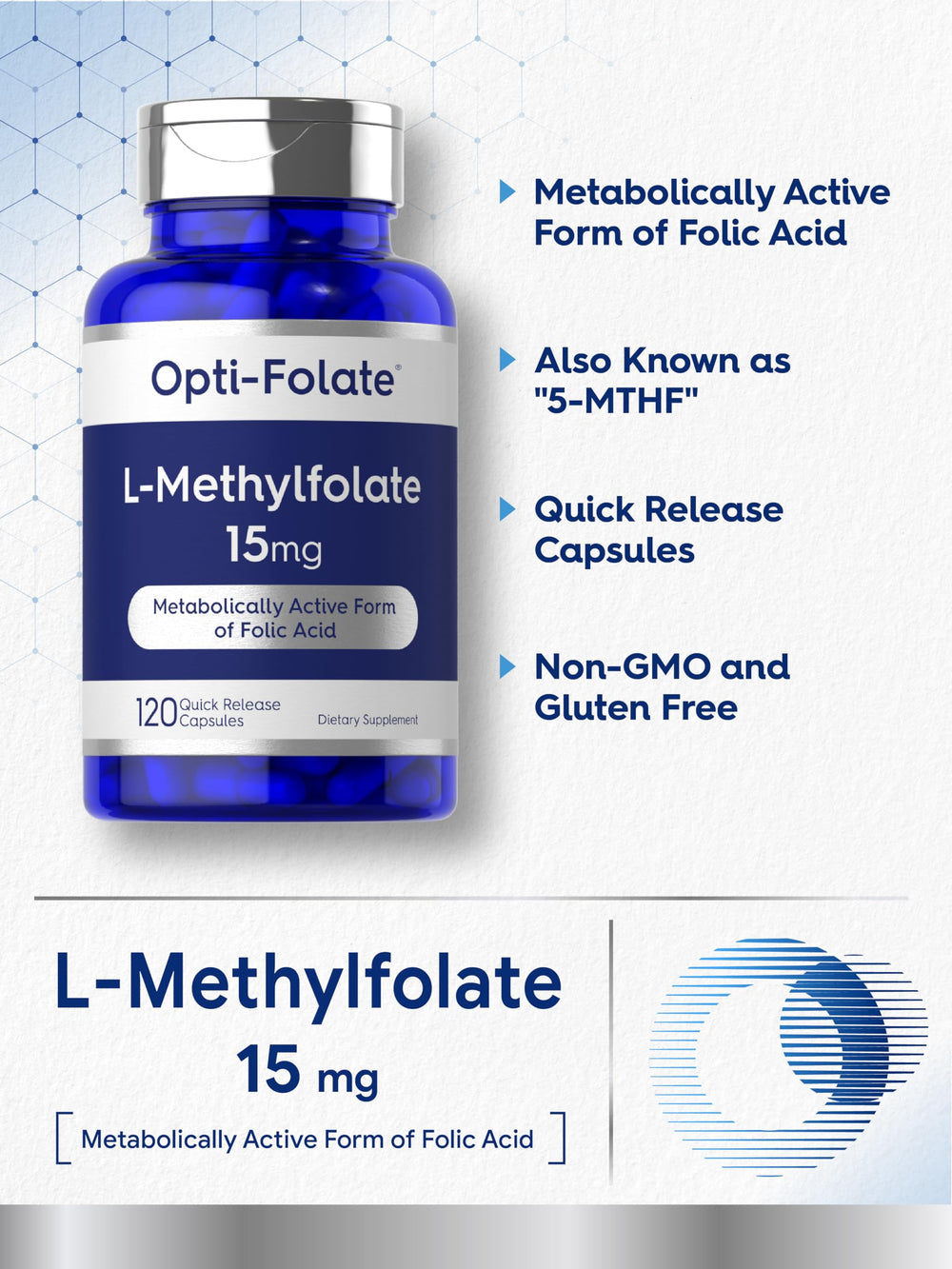 Side view of Carlyle L-Methylfolate 15mg bottle, value size packaging for long-term use.