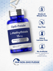 Carlyle L-Methylfolate 15mg bottle shown as value-size packaging for ongoing supplementation.