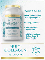 Carlyle Multi Collagen Peptides bottle label close-up showing quality and non-GMO