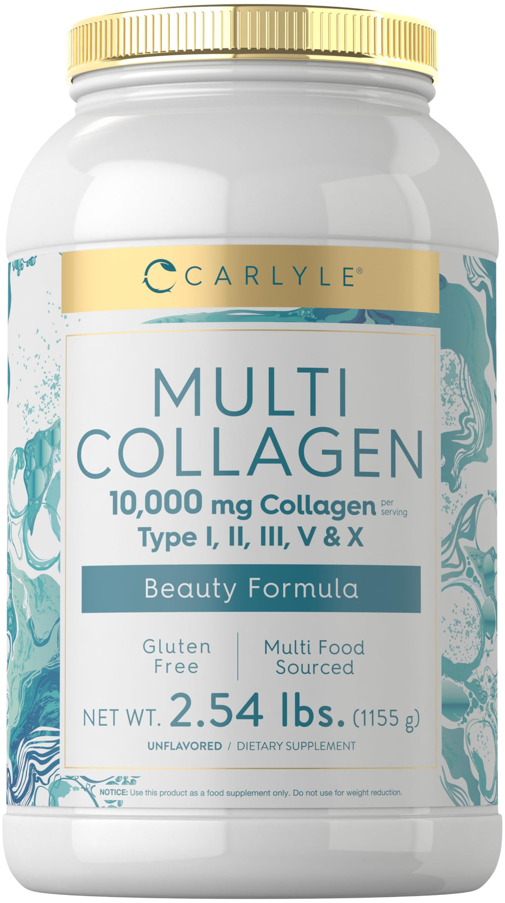 Carlyle Multi Collagen Peptides powder tub close-up for daily beauty routine