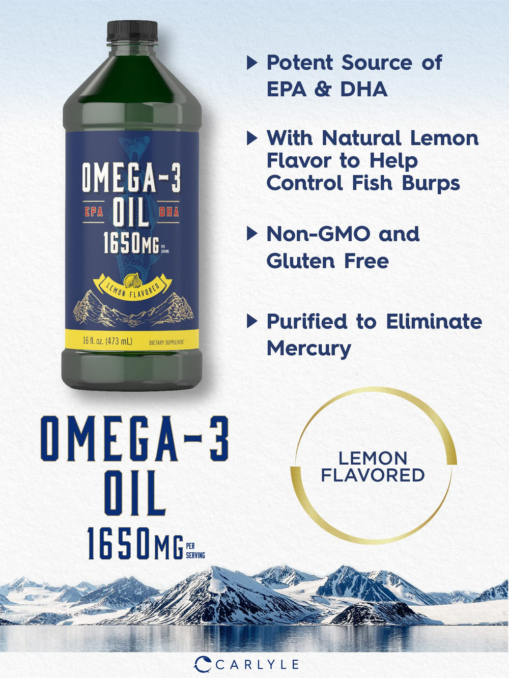 Carlyle Omega-3 Liquid label closeup highlighting purity and non-GMO status.
