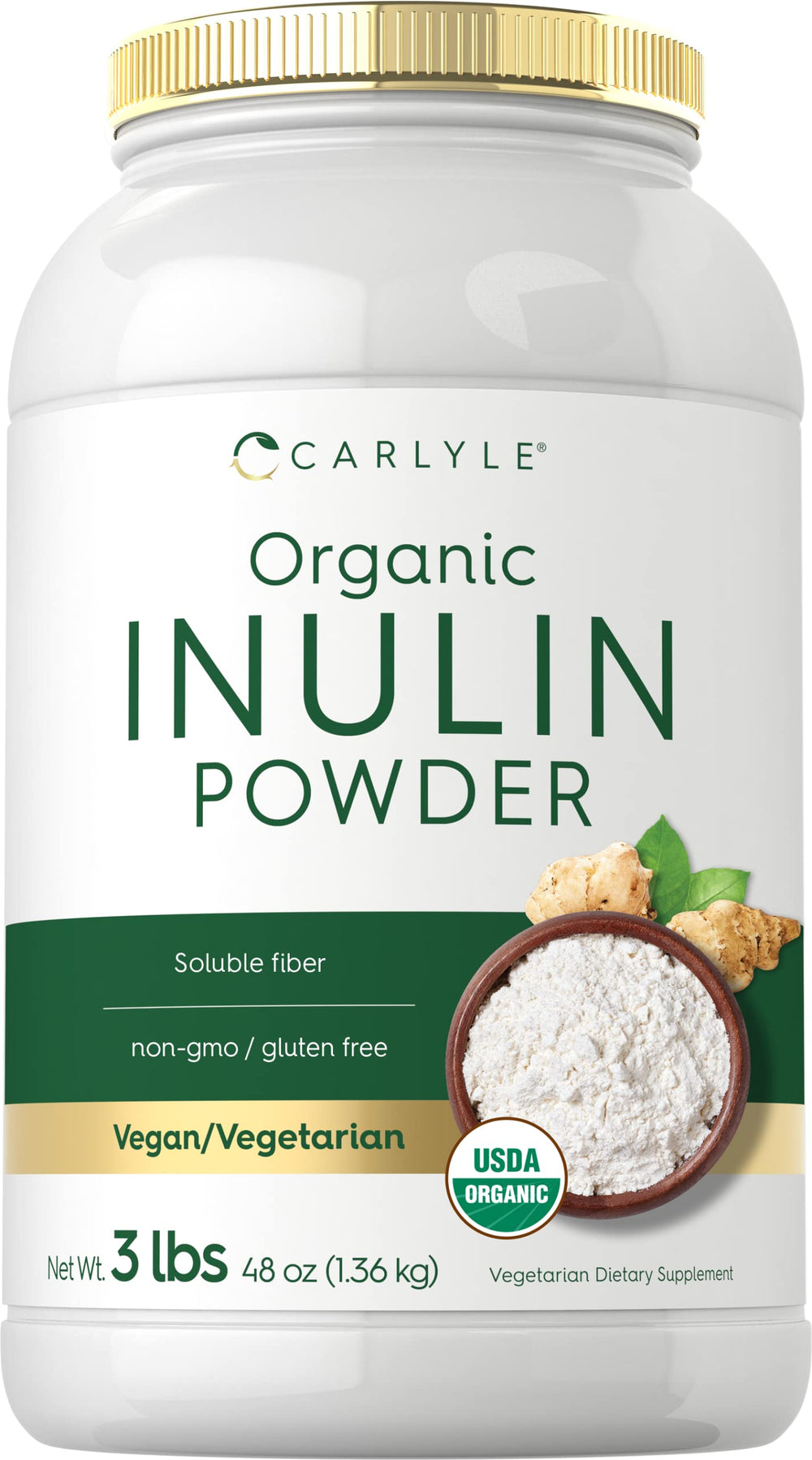 Carlyle Organic Inulin Powder bottle with label, supporting probiotic health and daily fiber.
