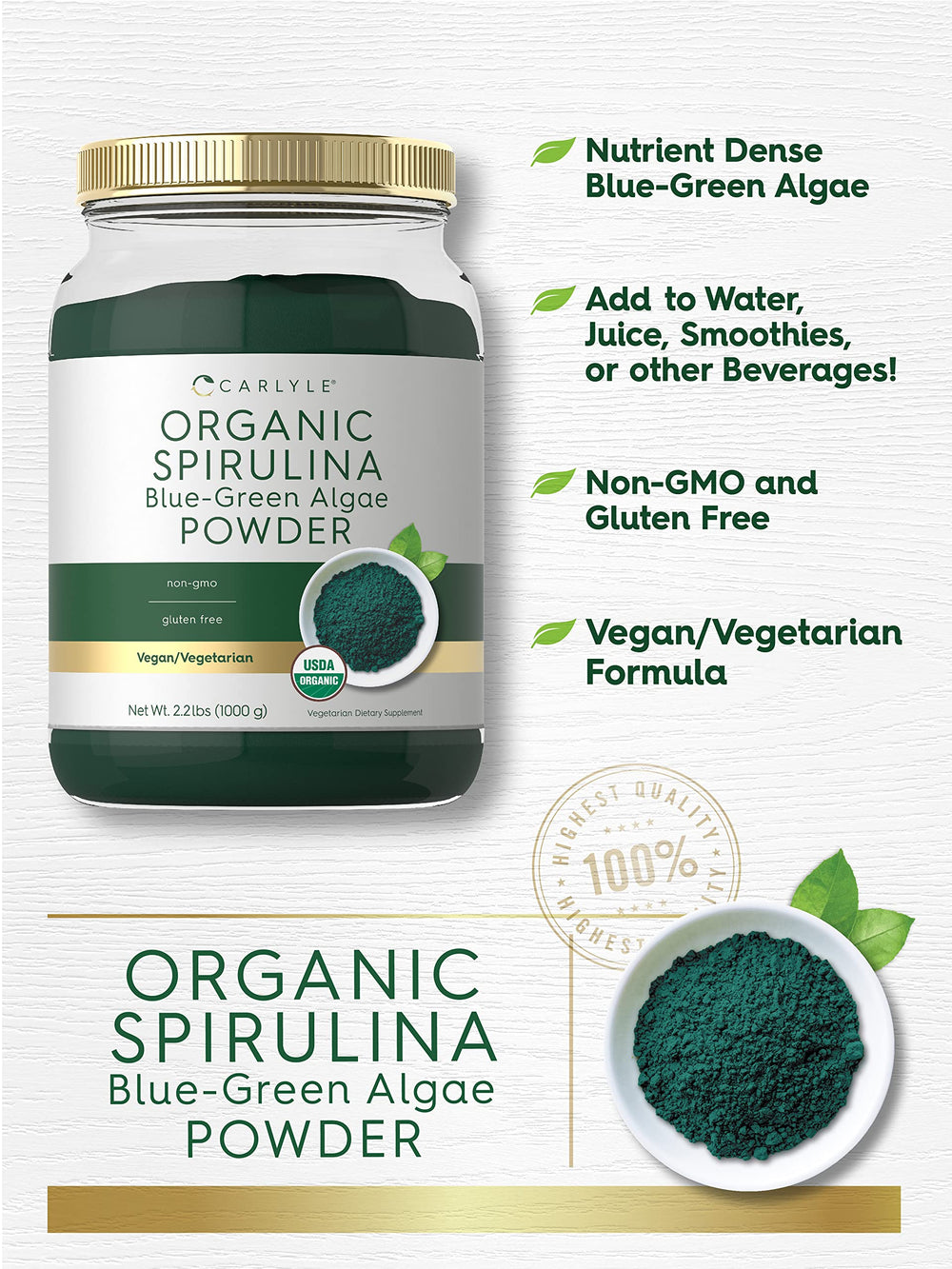 Carlyle Spirulina Powder serving scoop indicating easy measurement