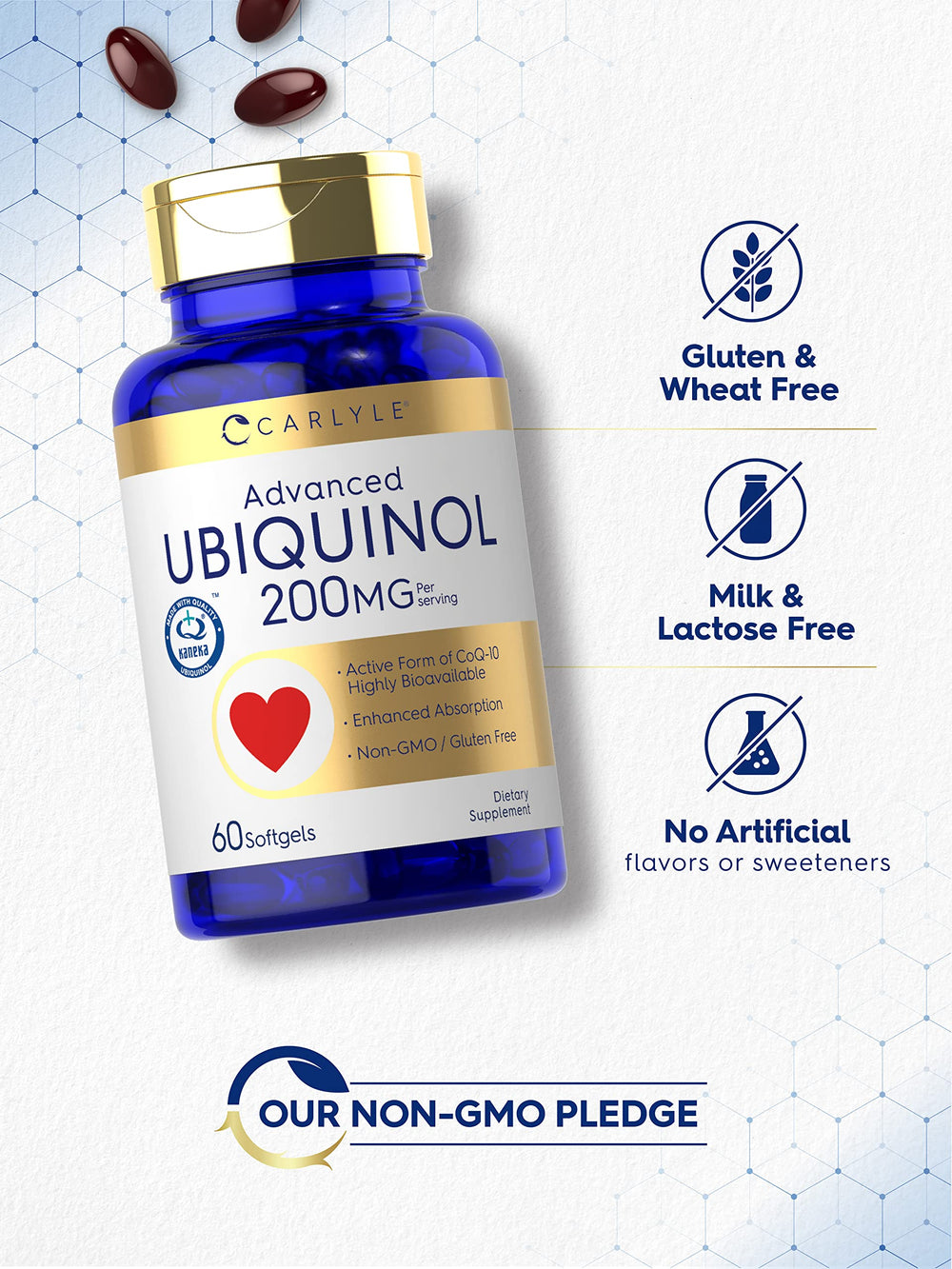 Carlyle Ubiquinol CoQ10 200mg softgel capsule close-up for easy use