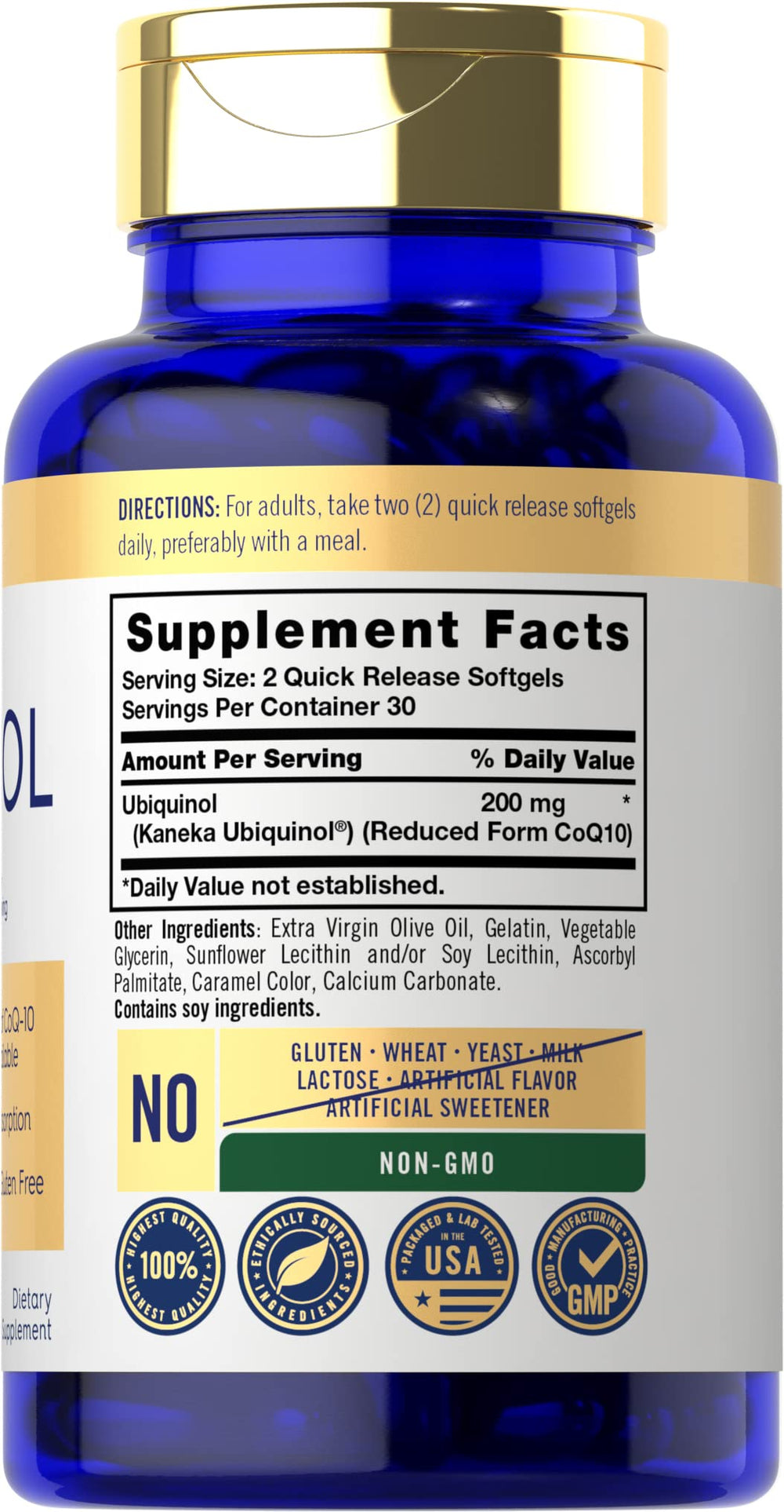 Carlyle Ubiquinol CoQ10 200mg softgels being poured for easy daily intake