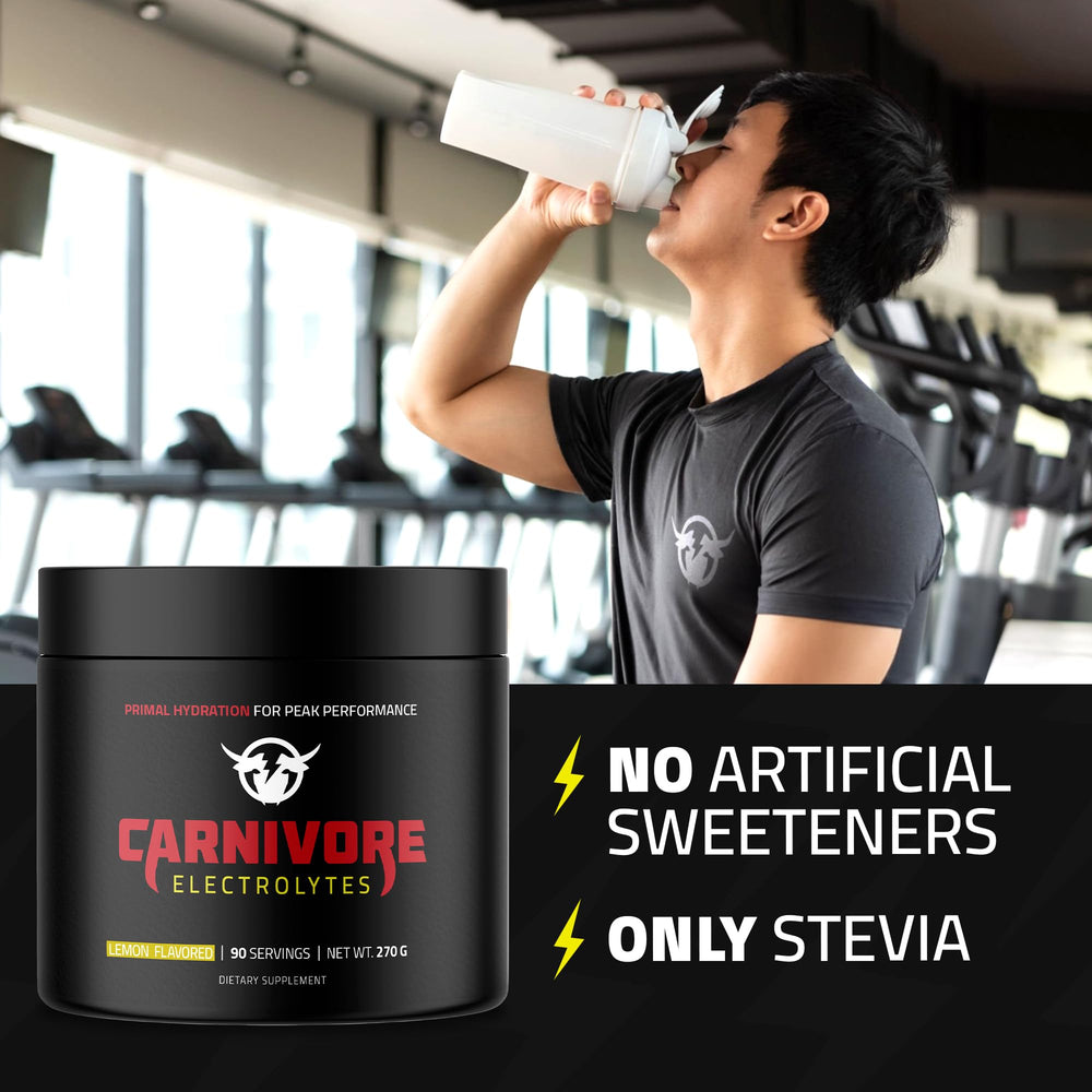 Carnivore Electrolytes lemon bottle label emphasizes zero sugar, zero calories for fasting days