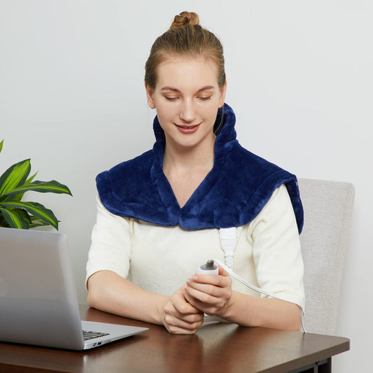 CAROMIO weighted heating pad on neck and shoulders, front view for targeted warmth