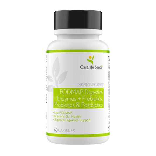 Casa de Sante FODMAP Digestive Enzymes bottle for gentle, gut-friendly support.