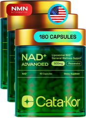 Cata-Kor liposomal NAD Resveratrol bottle on wood desk for daily routine.