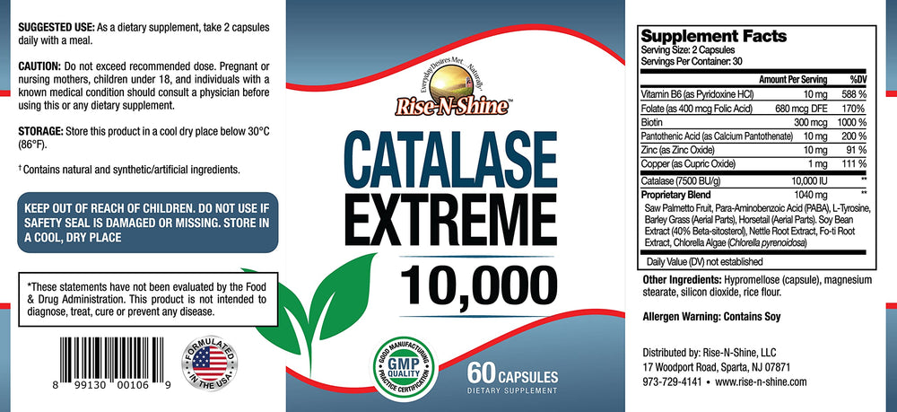 Catalase Extreme label detail emphasizing 10,000 IU catalase and ingredients