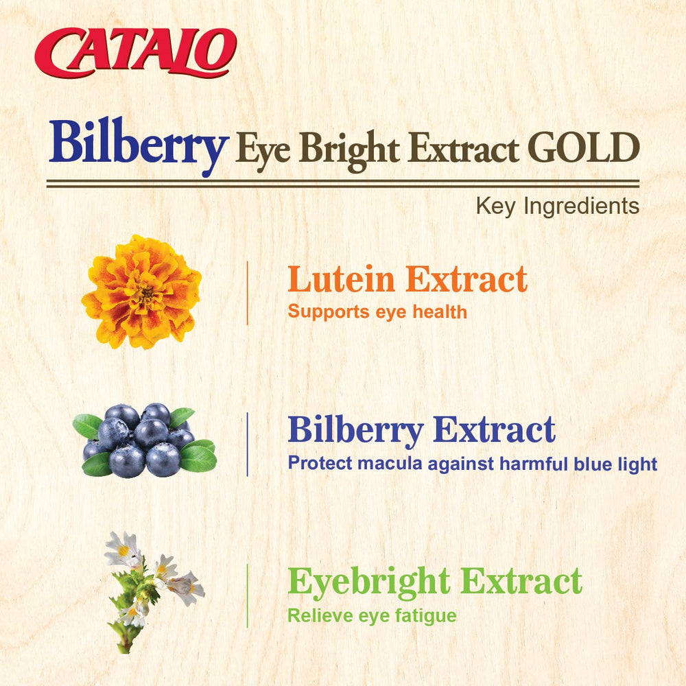 CATALO Bilberry Eyebright Extract Gold ingredients chart shows lutein and zeaxanthin blend.