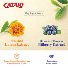 CATALO Eyebright extract and tablets shown for kid-friendly eye support.