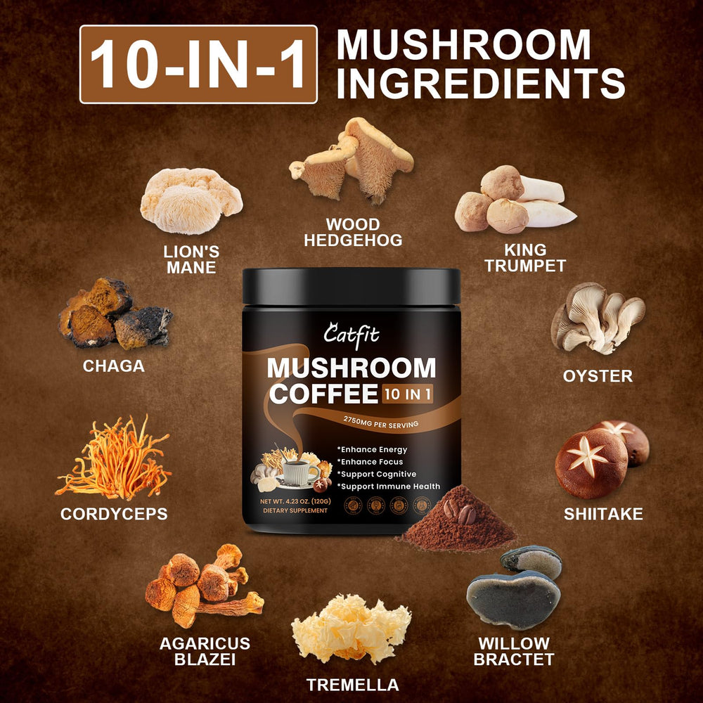 Catfit Lions Mane and Cordyceps blend to support focus and stamina.