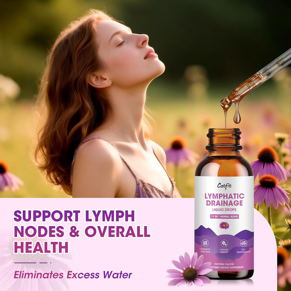 Catfit Lymphatic Drainage Drops ingredients visual featuring echinacea and elderberry.