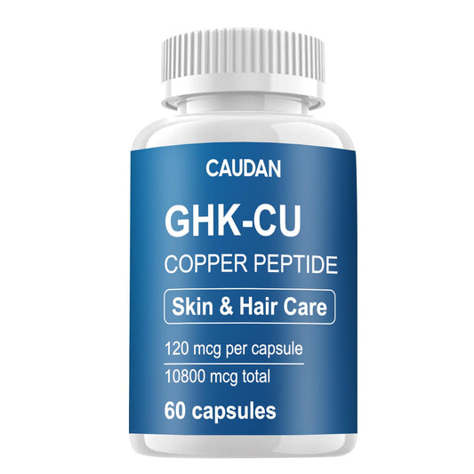 CAUDAN GHK-Cu copper peptide bottle highlights targeted skin and hair support potential.