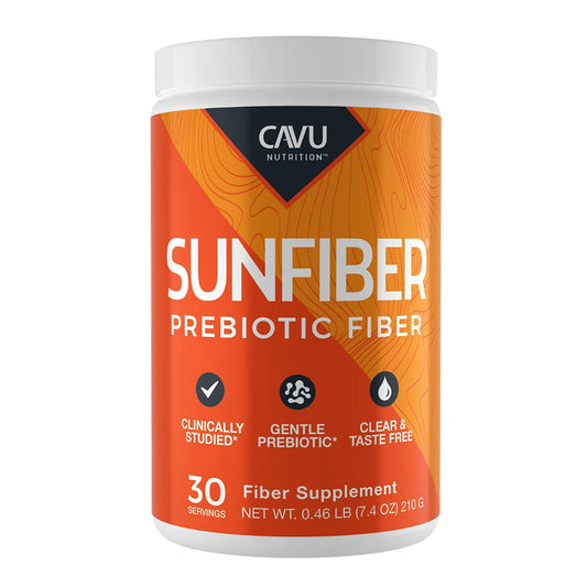 CAVU NUTRITION Sunfiber bottle shown for gentle daily fiber support.