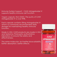 CAW Astragaloside IV capsules close-up highlighting vegan, enteric-coated design for absorption.