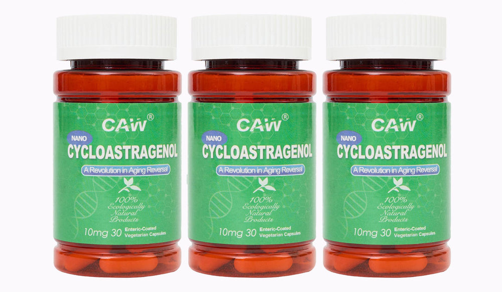 CAW Nano Cycloastragenol 10mg bottle front shows brand and strength, highlighting quality.