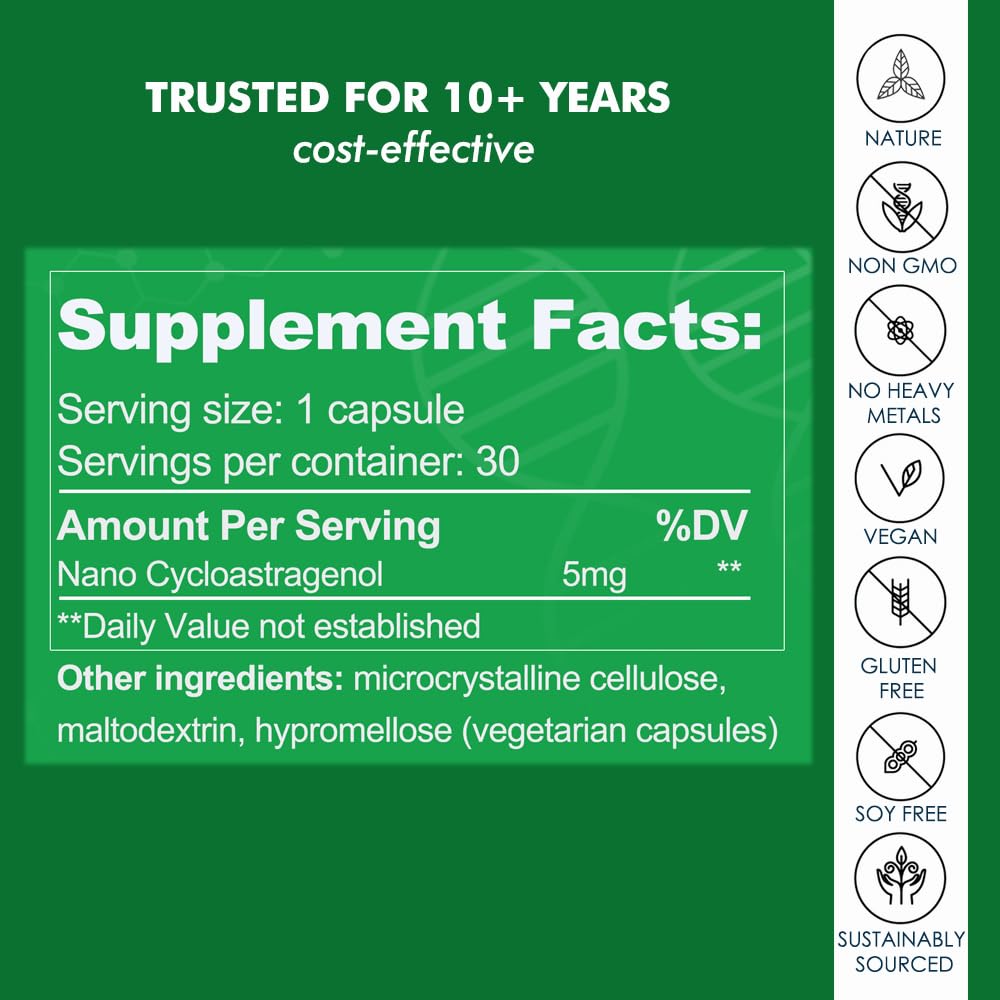 CAW Nano Cycloastragenol ingredient panel emphasizes high purity and third-party testing