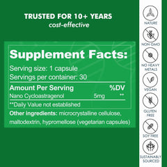 CAW Nano Cycloastragenol ingredient panel emphasizes high purity and third-party testing