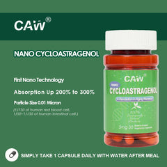 CAW Telomere Supplement bottle back label with dosage details.