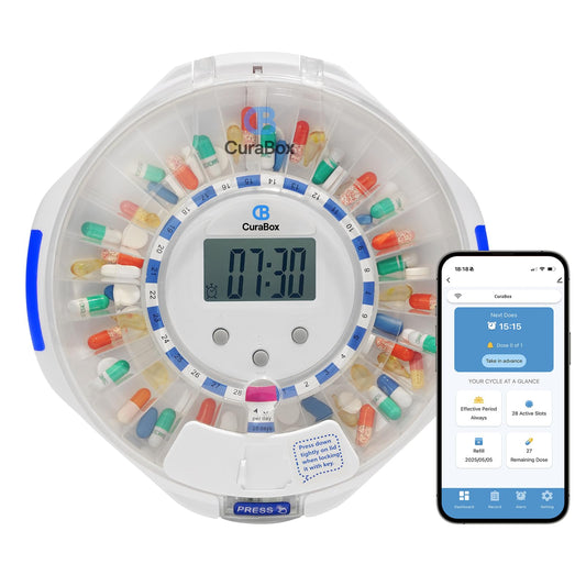 CB CURABOX automatic pill dispenser front view showing accessible design and organization