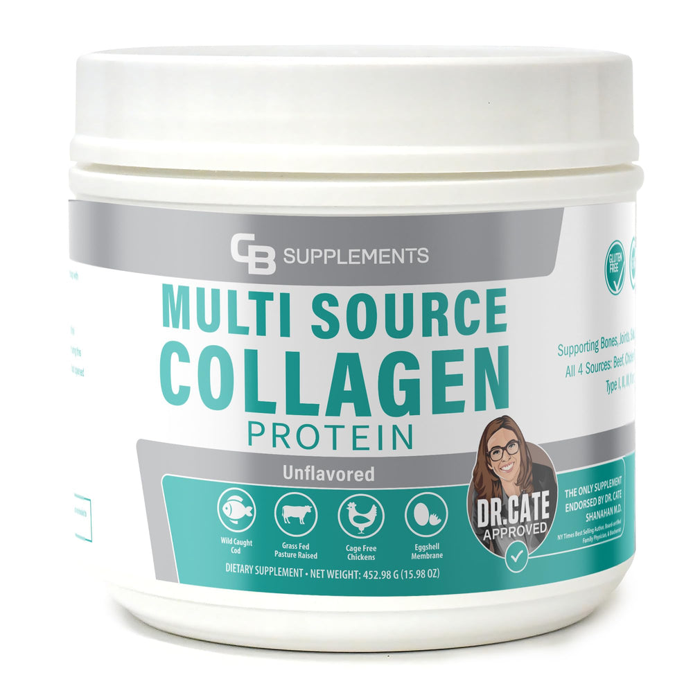 CB Supplements Multi Collagen Protein tub label highlights grass-fed sourcing for daily wellness.