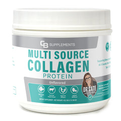 CB Supplements Multi Collagen Protein tub label highlights grass-fed sourcing for daily wellness.