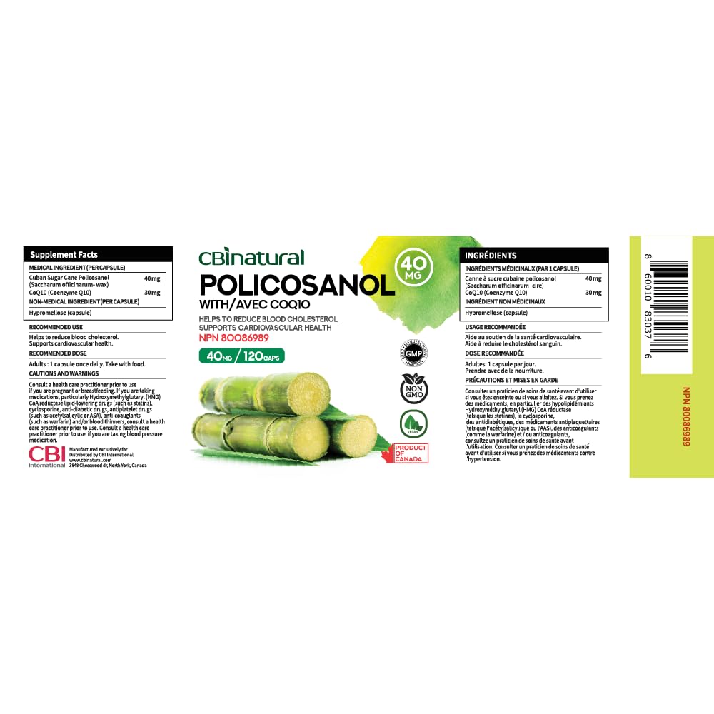 CBI Natural Policosanol CoQ10 label view highlighting Cuban policosanol blend