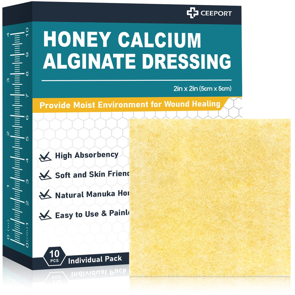 Ceeport Manuka Honey calcium alginate dressing box front, showing packaging for sensitive skin