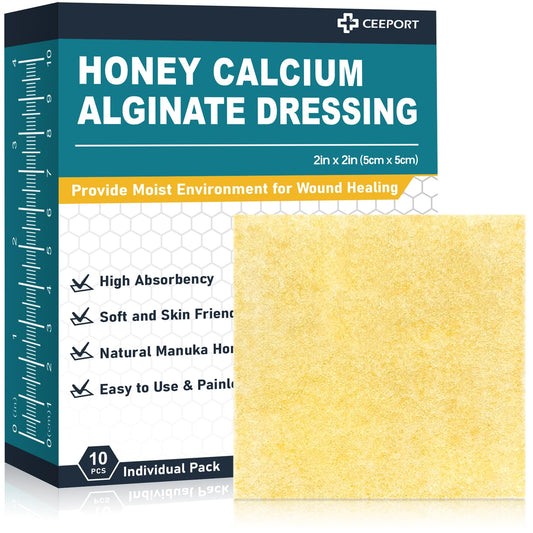 Ceeport Manuka Honey calcium alginate dressing box front, showing packaging for sensitive skin