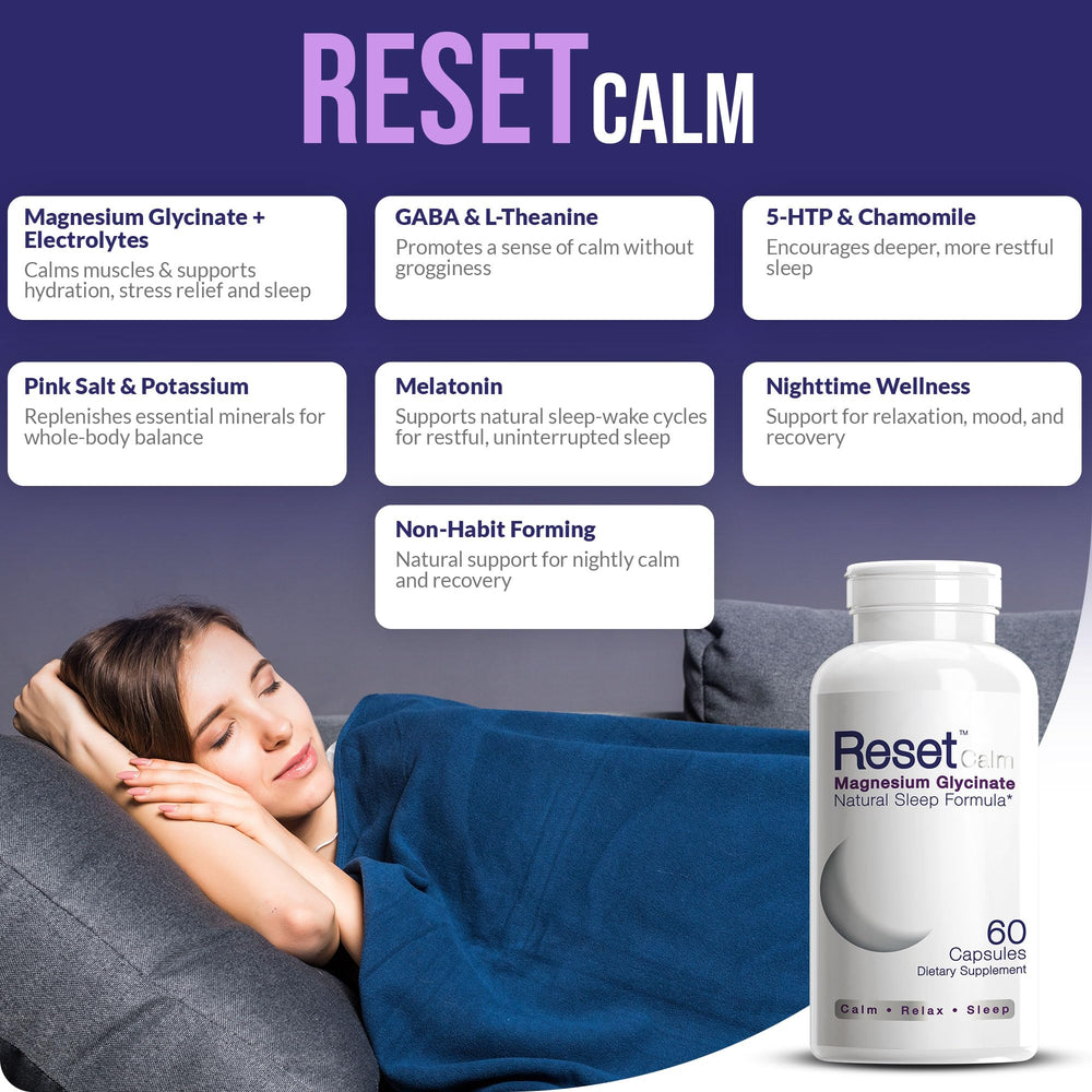 CELCLENE ResetCalm Night capsules-closeup highlighting magnesium glycinate and melatonin.